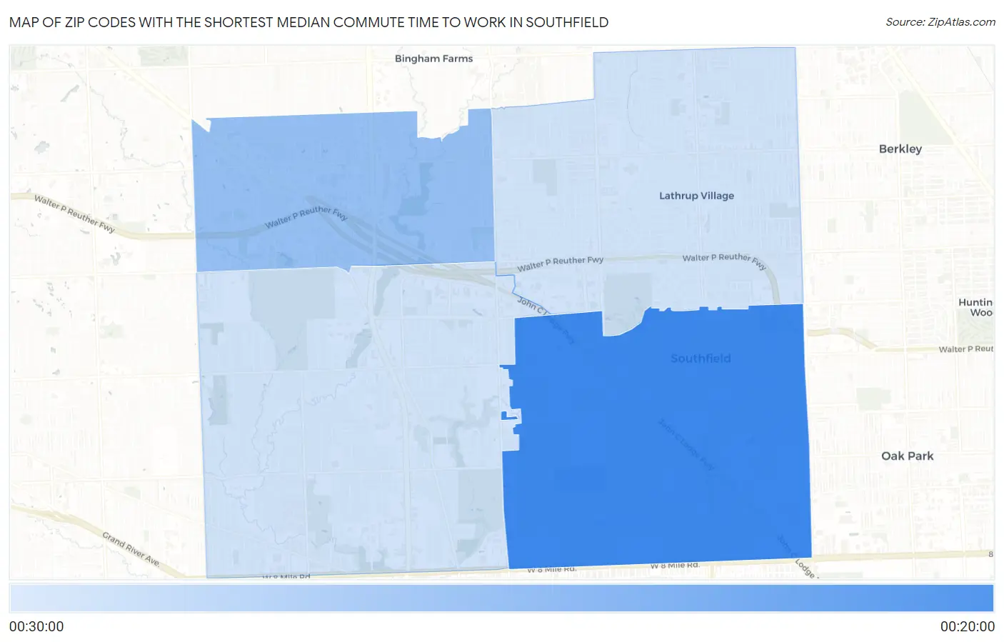 Zip Codes with the Shortest Median Commute Time to Work in Southfield Map