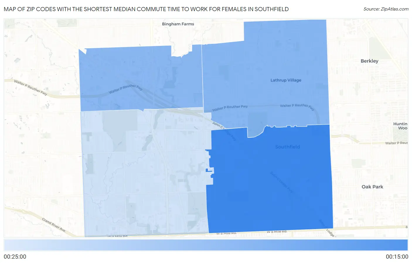 Zip Codes with the Shortest Median Commute Time to Work for Females in Southfield Map
