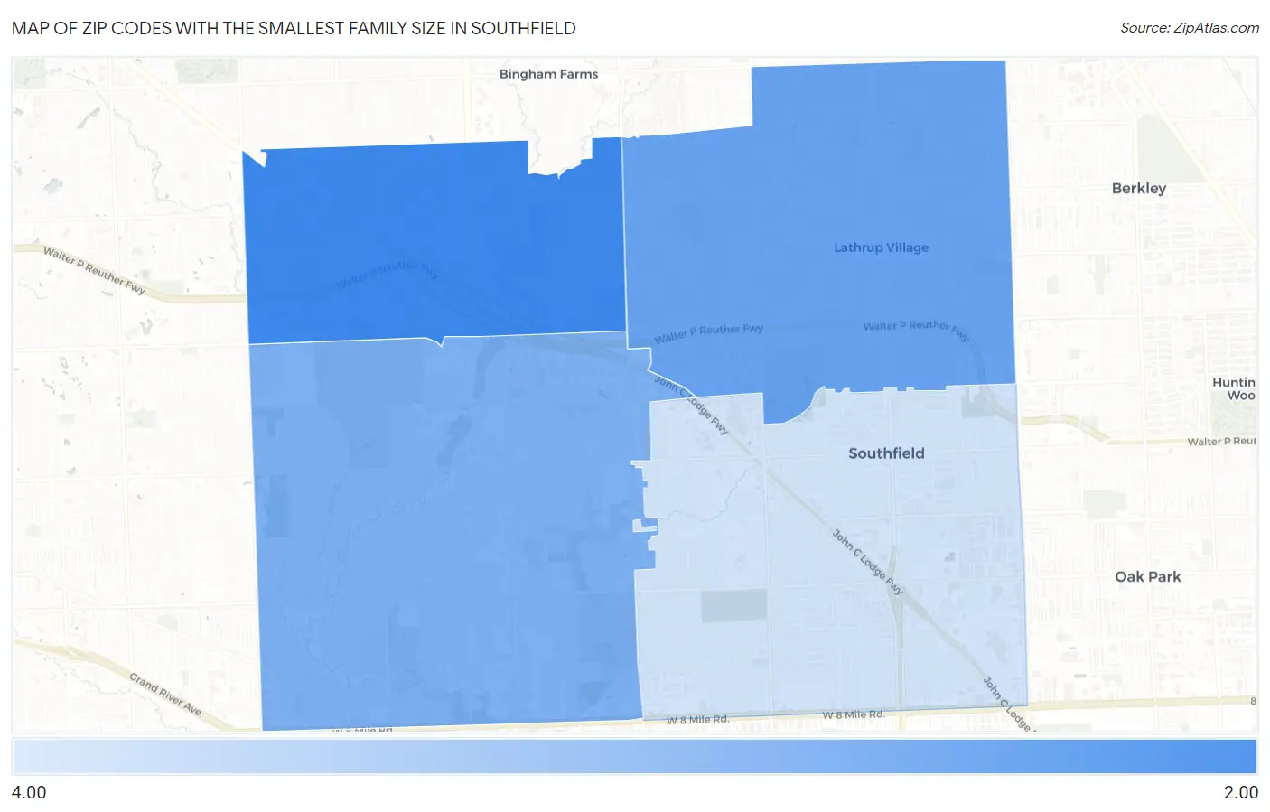 Zip Codes with the Smallest Family Size in Southfield Map