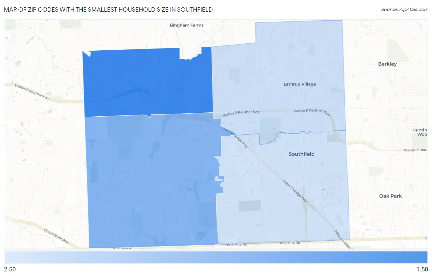 Zip Codes with the Smallest Household Size in Southfield Map