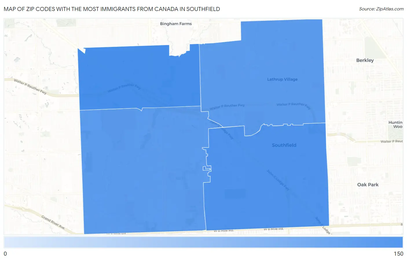 Zip Codes with the Most Immigrants from Canada in Southfield Map