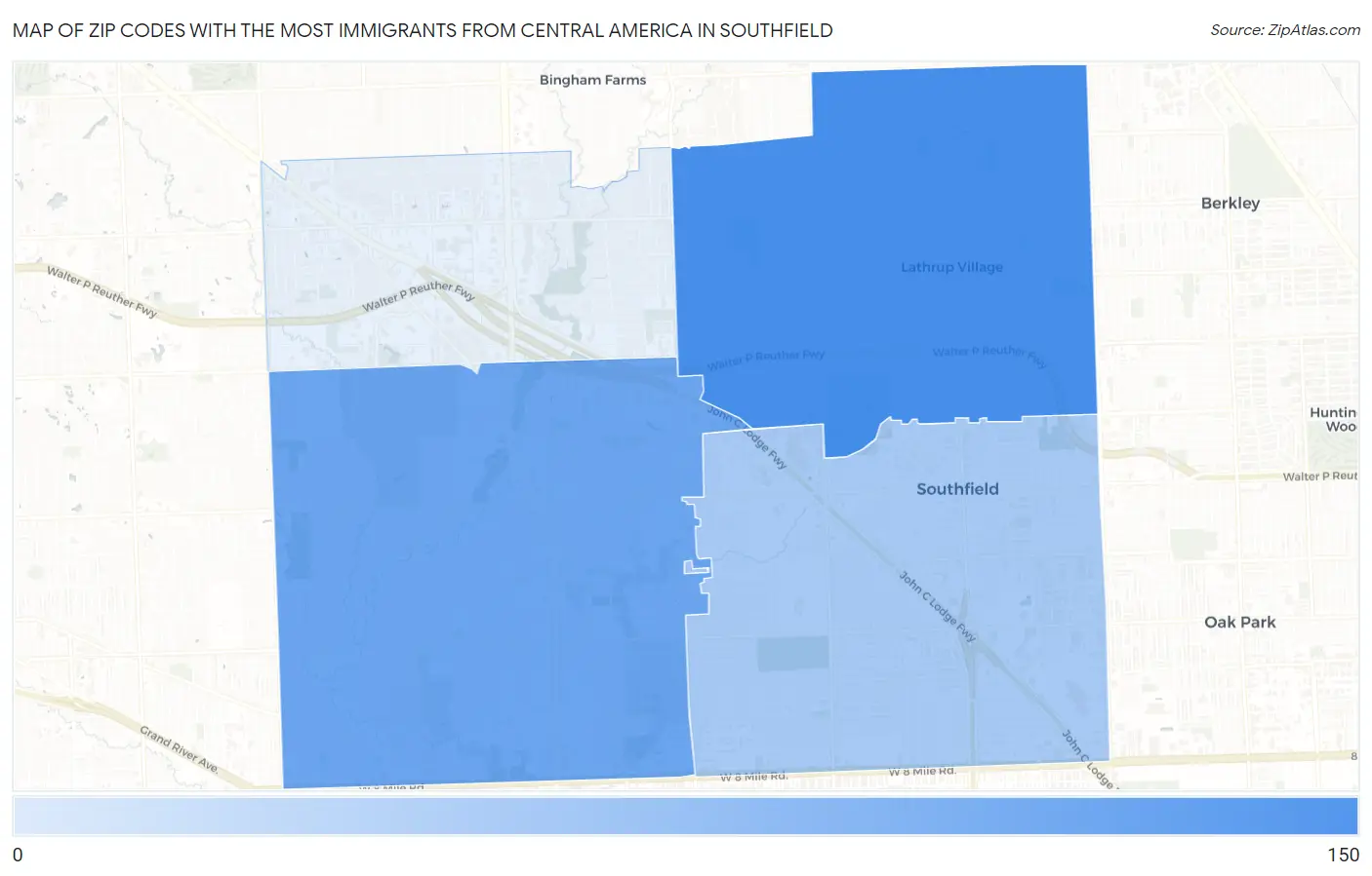 Zip Codes with the Most Immigrants from Central America in Southfield Map