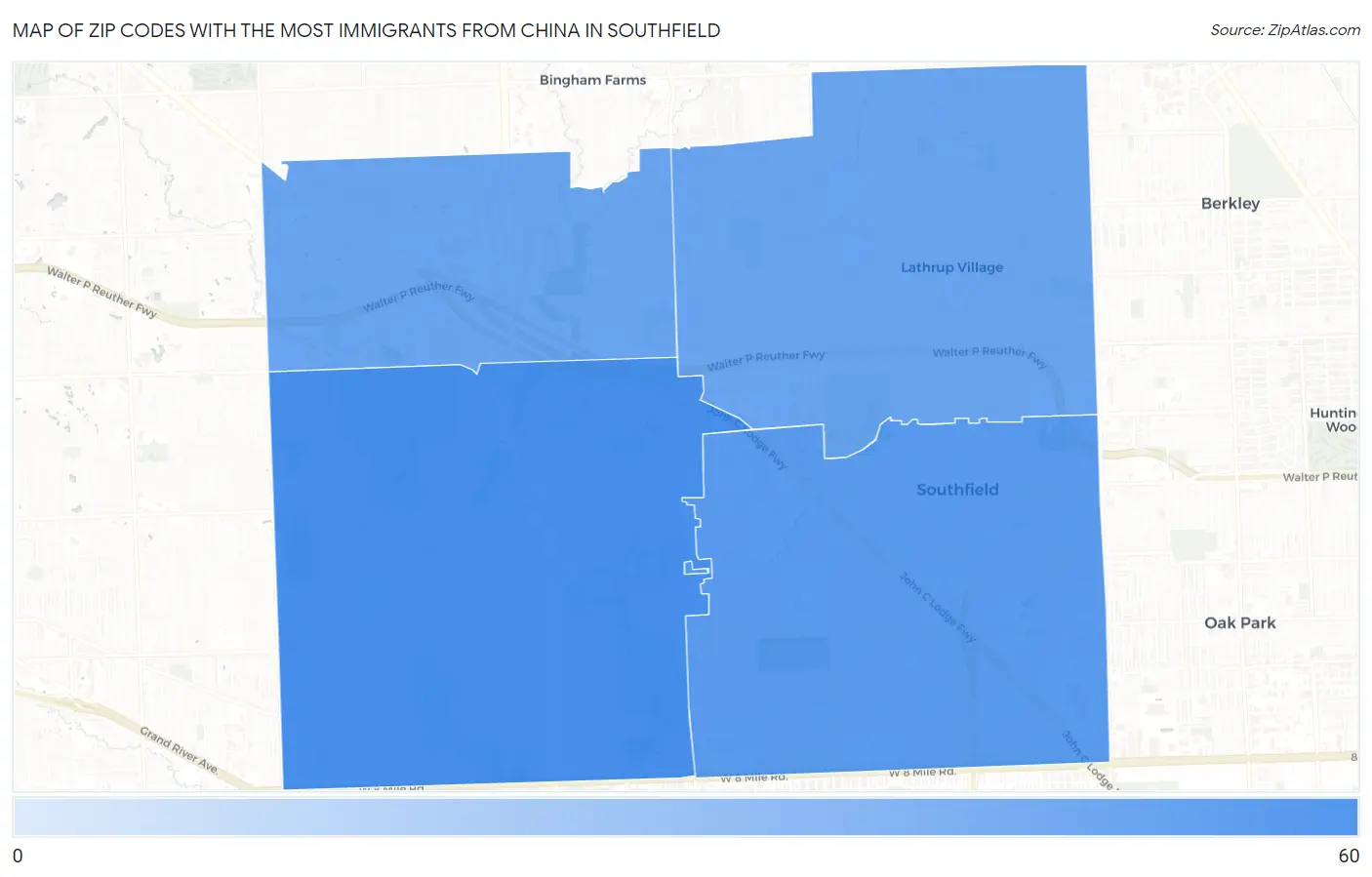 Zip Codes with the Most Immigrants from China in Southfield Map