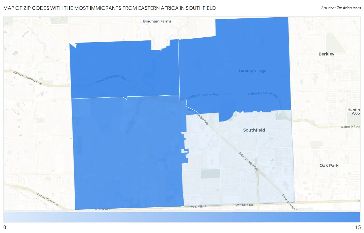 Zip Codes with the Most Immigrants from Eastern Africa in Southfield Map