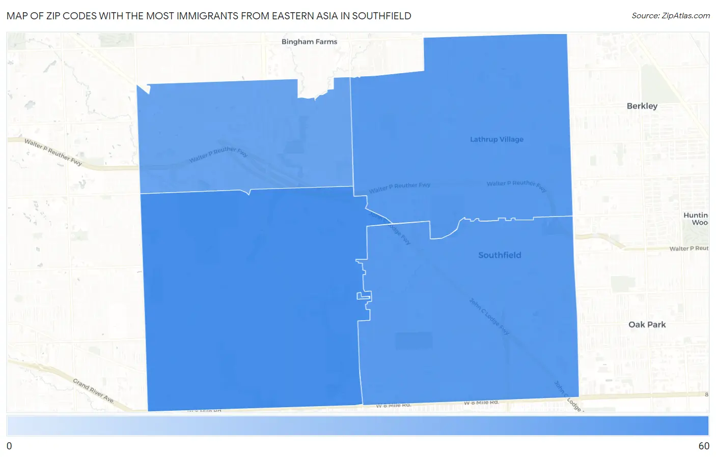 Zip Codes with the Most Immigrants from Eastern Asia in Southfield Map