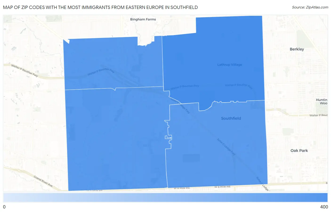 Zip Codes with the Most Immigrants from Eastern Europe in Southfield Map