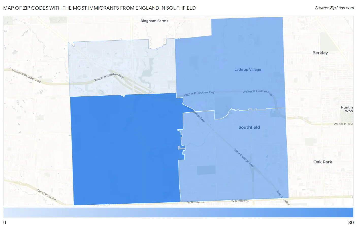 Zip Codes with the Most Immigrants from England in Southfield Map