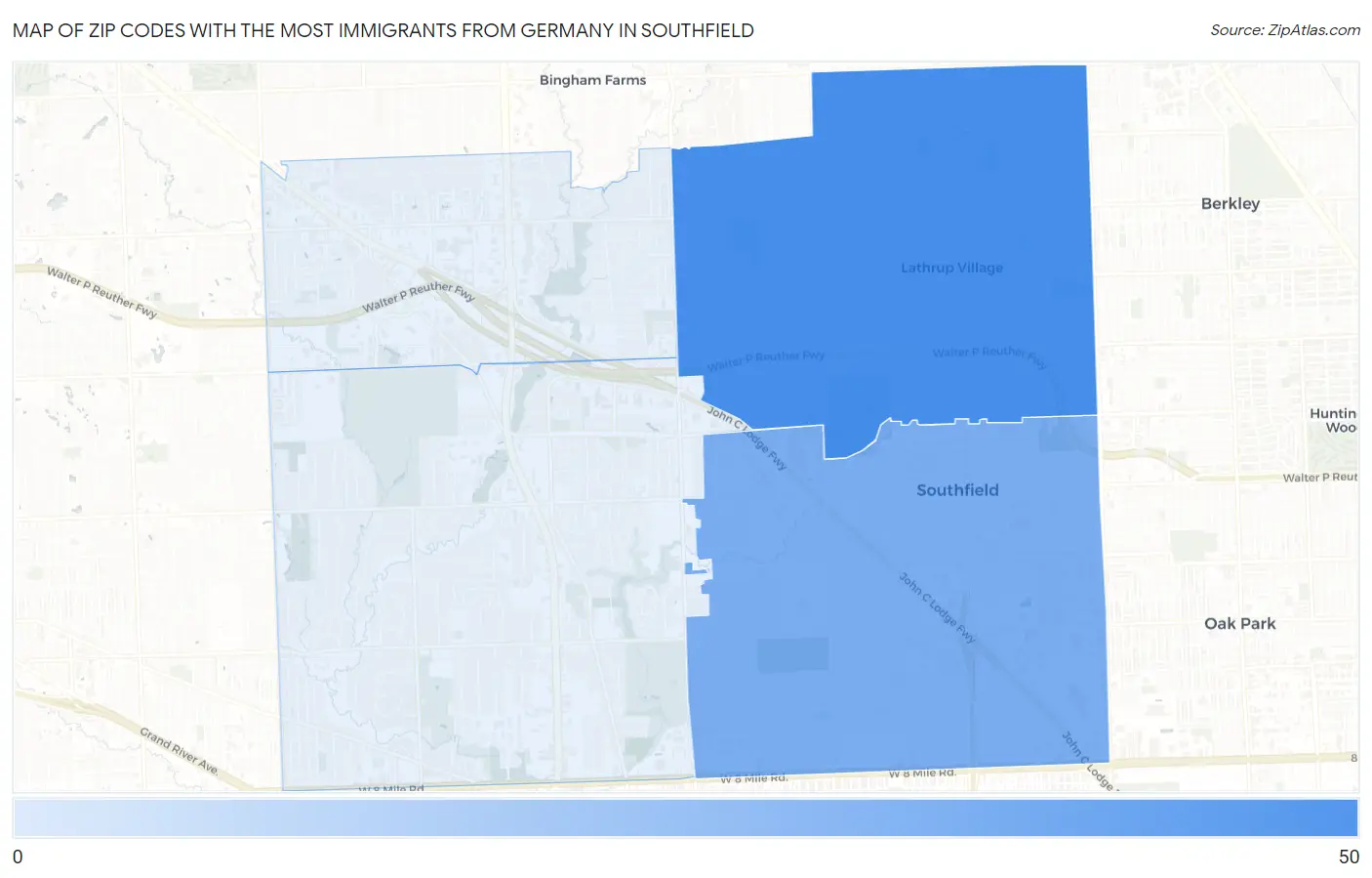 Zip Codes with the Most Immigrants from Germany in Southfield Map