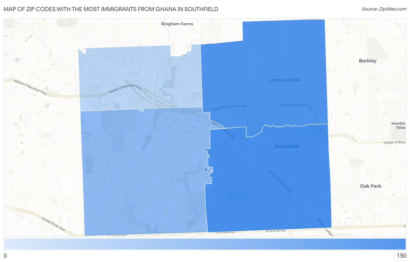 Zip Codes with the Most Immigrants from Ghana in Southfield Map