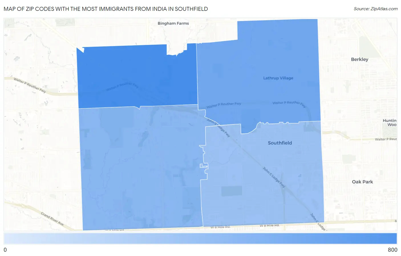 Zip Codes with the Most Immigrants from India in Southfield Map