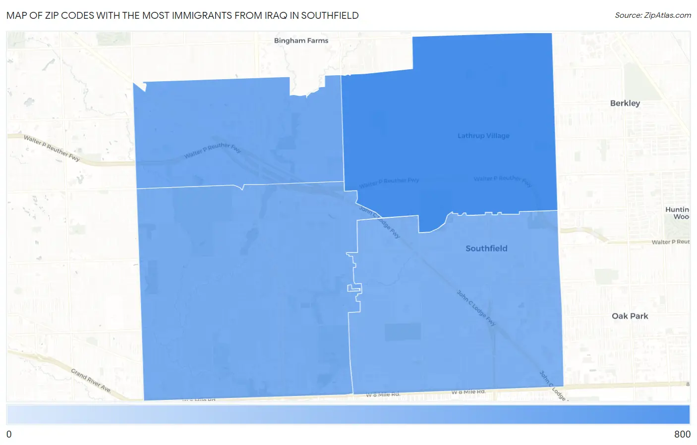 Zip Codes with the Most Immigrants from Iraq in Southfield Map