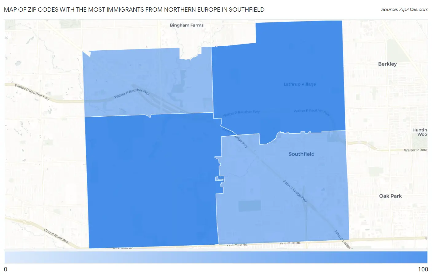 Zip Codes with the Most Immigrants from Northern Europe in Southfield Map
