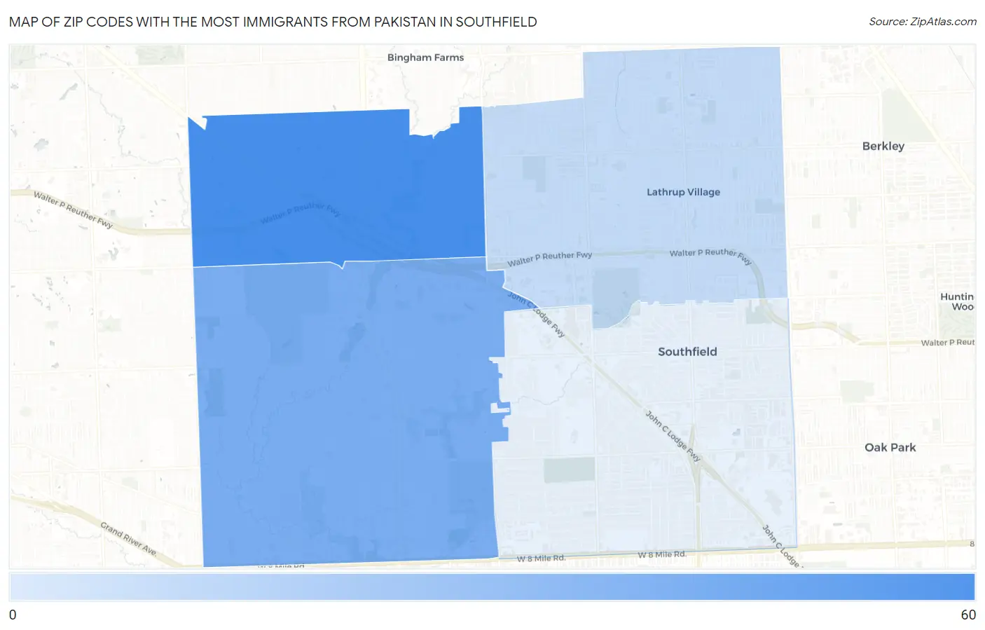 Zip Codes with the Most Immigrants from Pakistan in Southfield Map