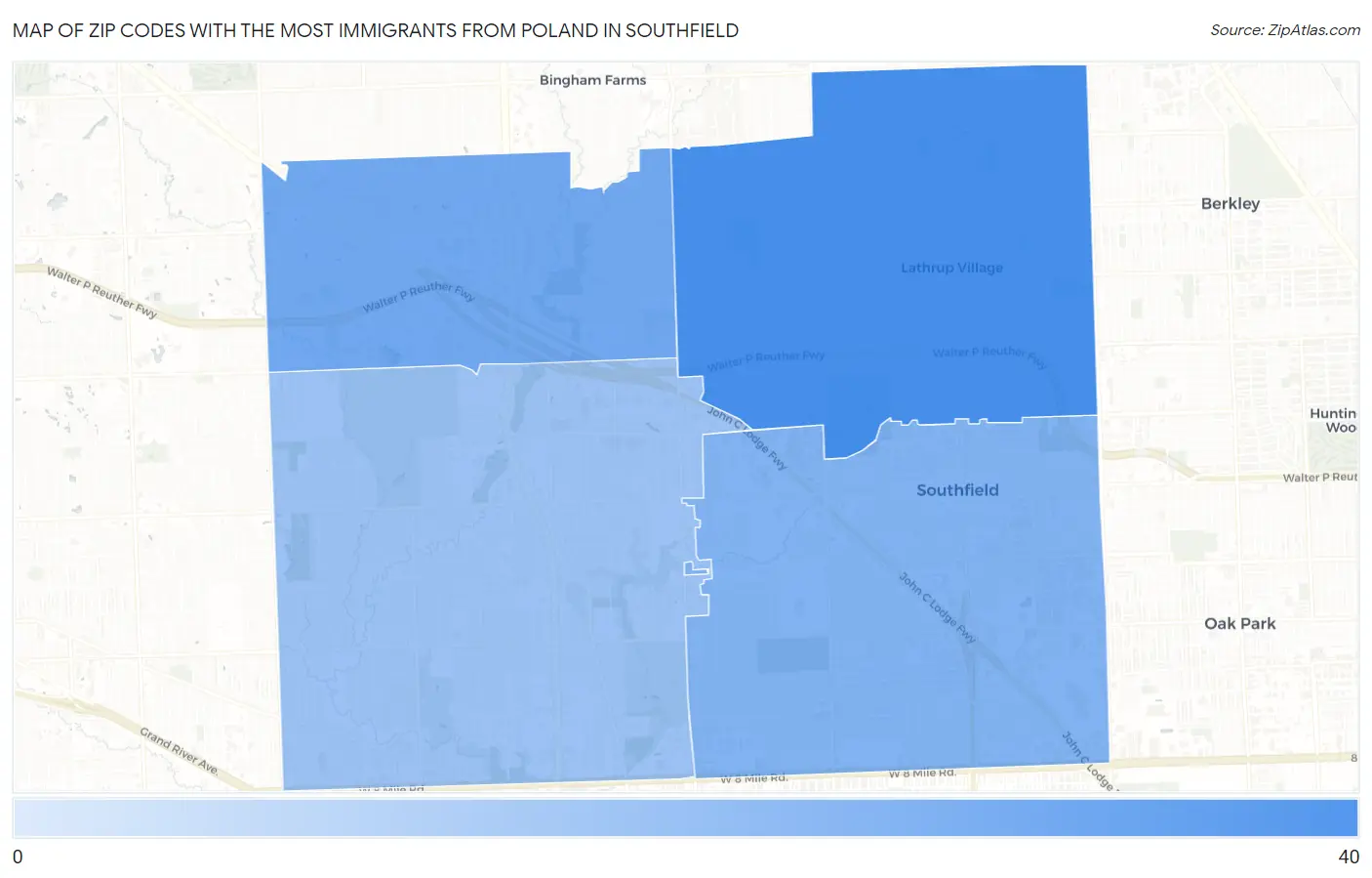 Zip Codes with the Most Immigrants from Poland in Southfield Map
