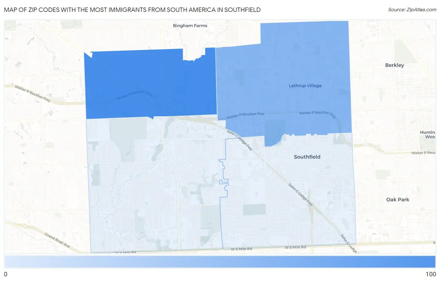 Zip Codes with the Most Immigrants from South America in Southfield Map