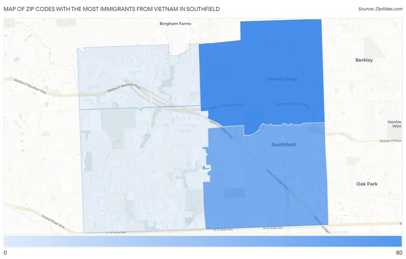 Zip Codes with the Most Immigrants from Vietnam in Southfield Map