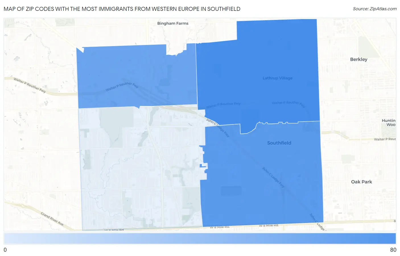 Zip Codes with the Most Immigrants from Western Europe in Southfield Map