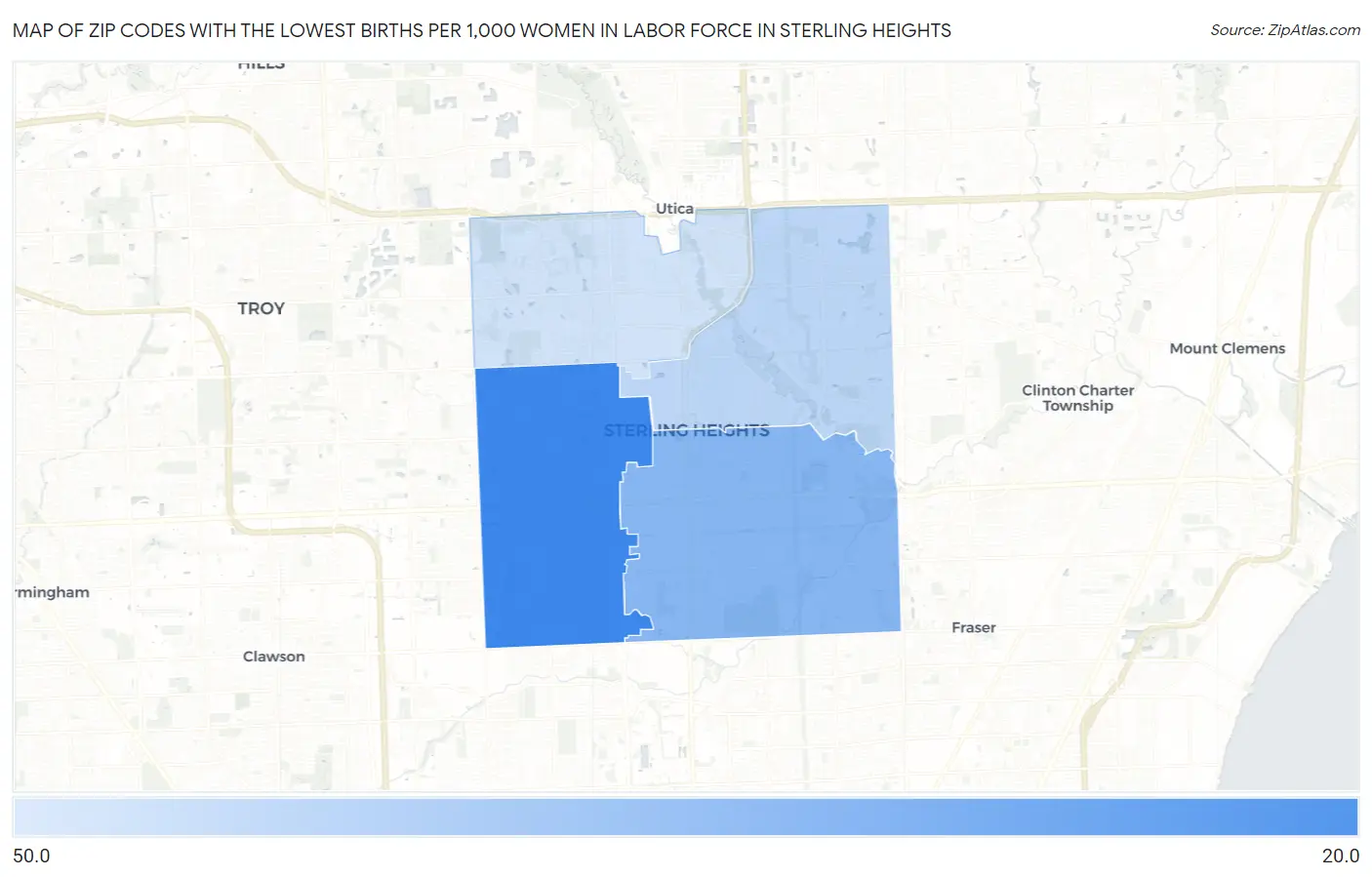Zip Codes with the Lowest Births per 1,000 Women in Labor Force in Sterling Heights Map