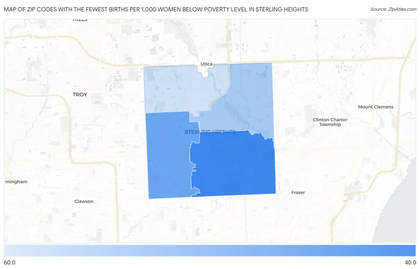 Zip Codes with the Fewest Births per 1,000 Women Below Poverty Level in Sterling Heights Map