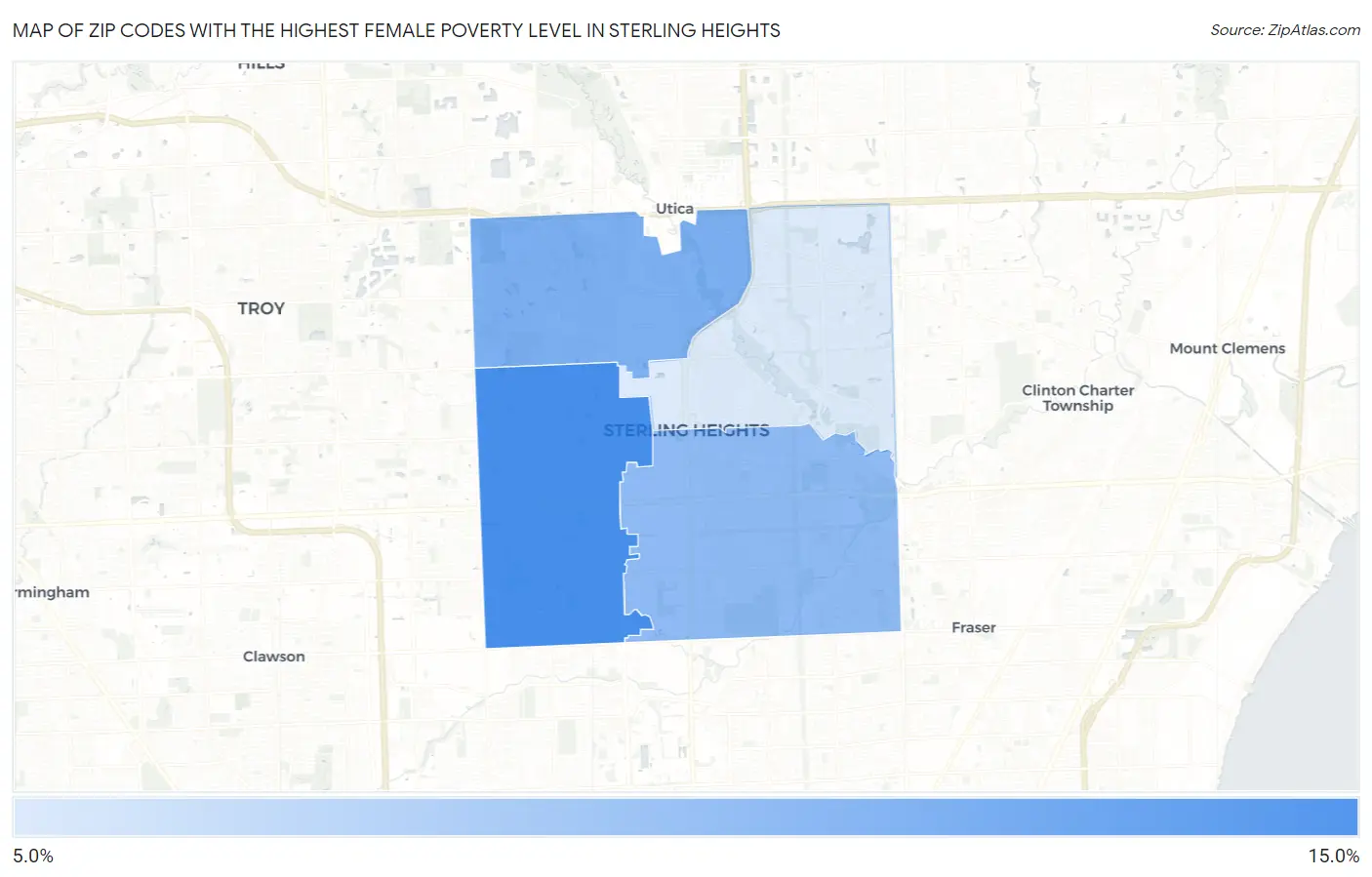 Zip Codes with the Highest Female Poverty Level in Sterling Heights Map