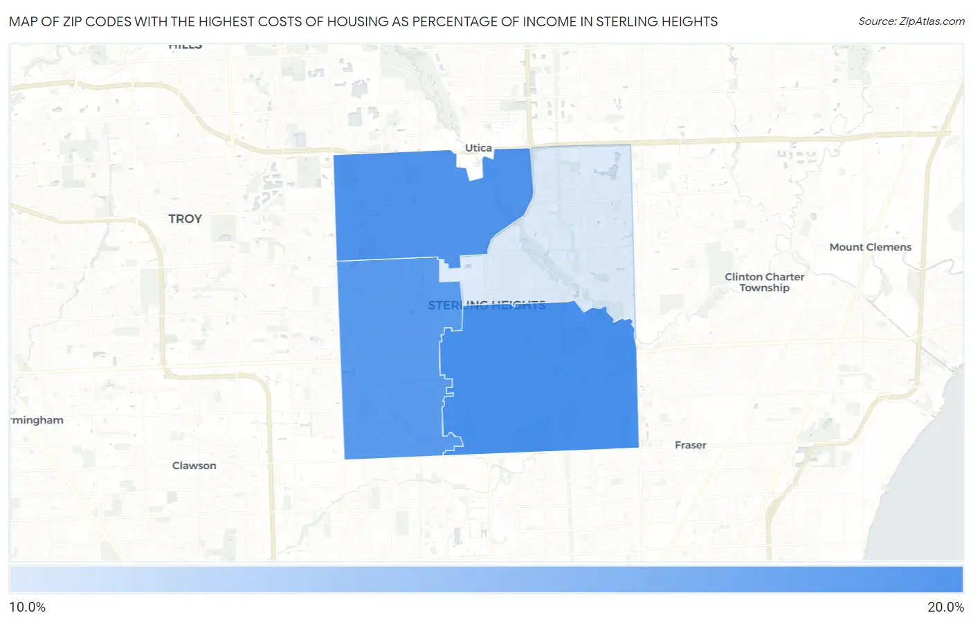 Zip Codes with the Highest Costs of Housing as Percentage of Income in Sterling Heights Map