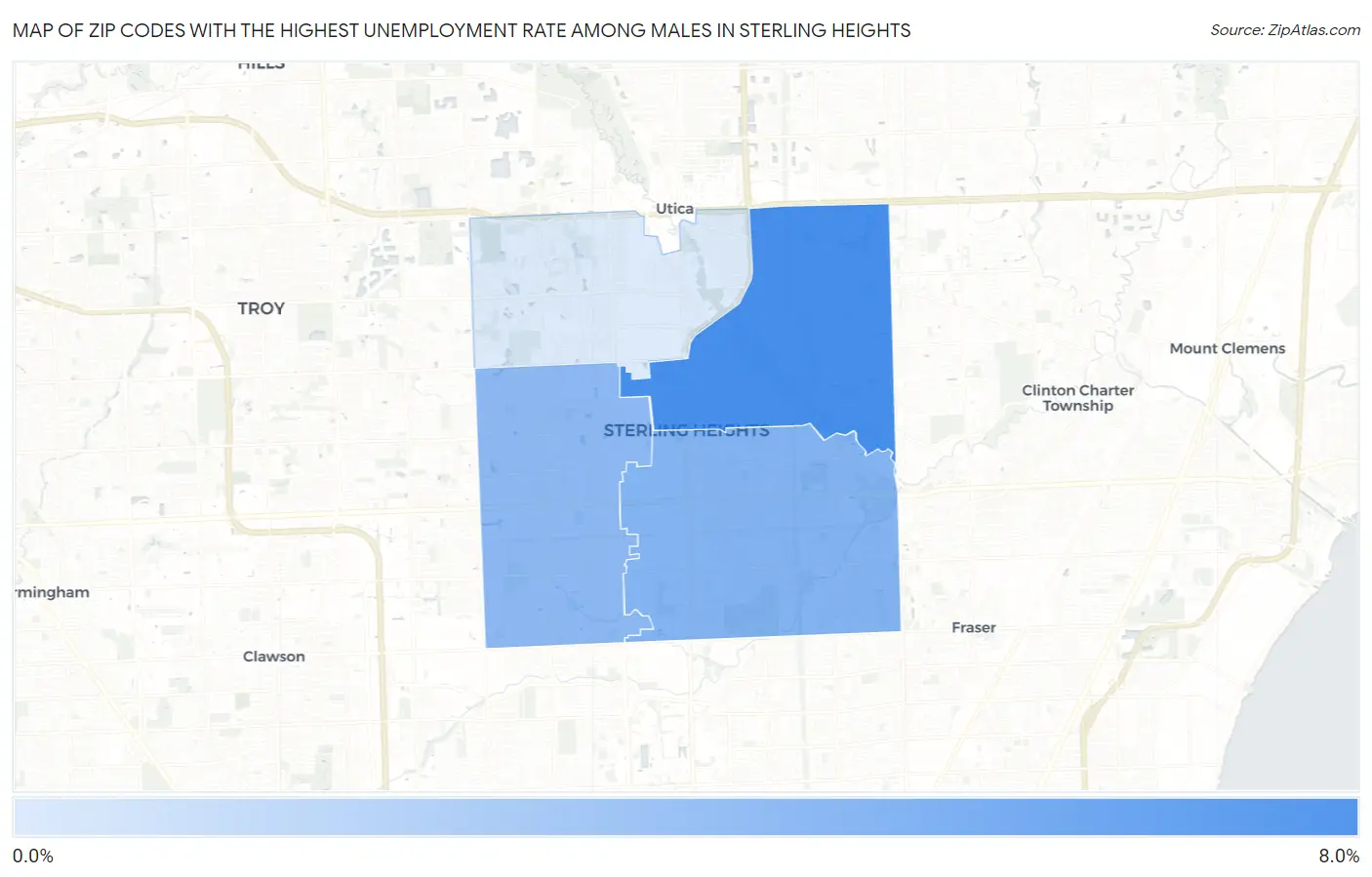 Zip Codes with the Highest Unemployment Rate Among Males in Sterling Heights Map