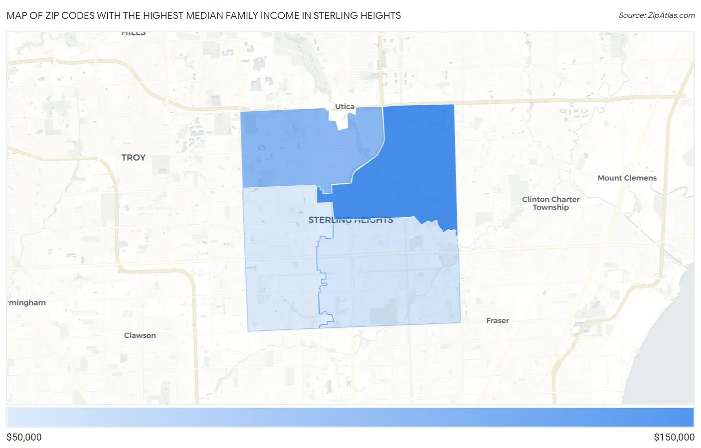 Zip Codes with the Highest Median Family Income in Sterling Heights Map