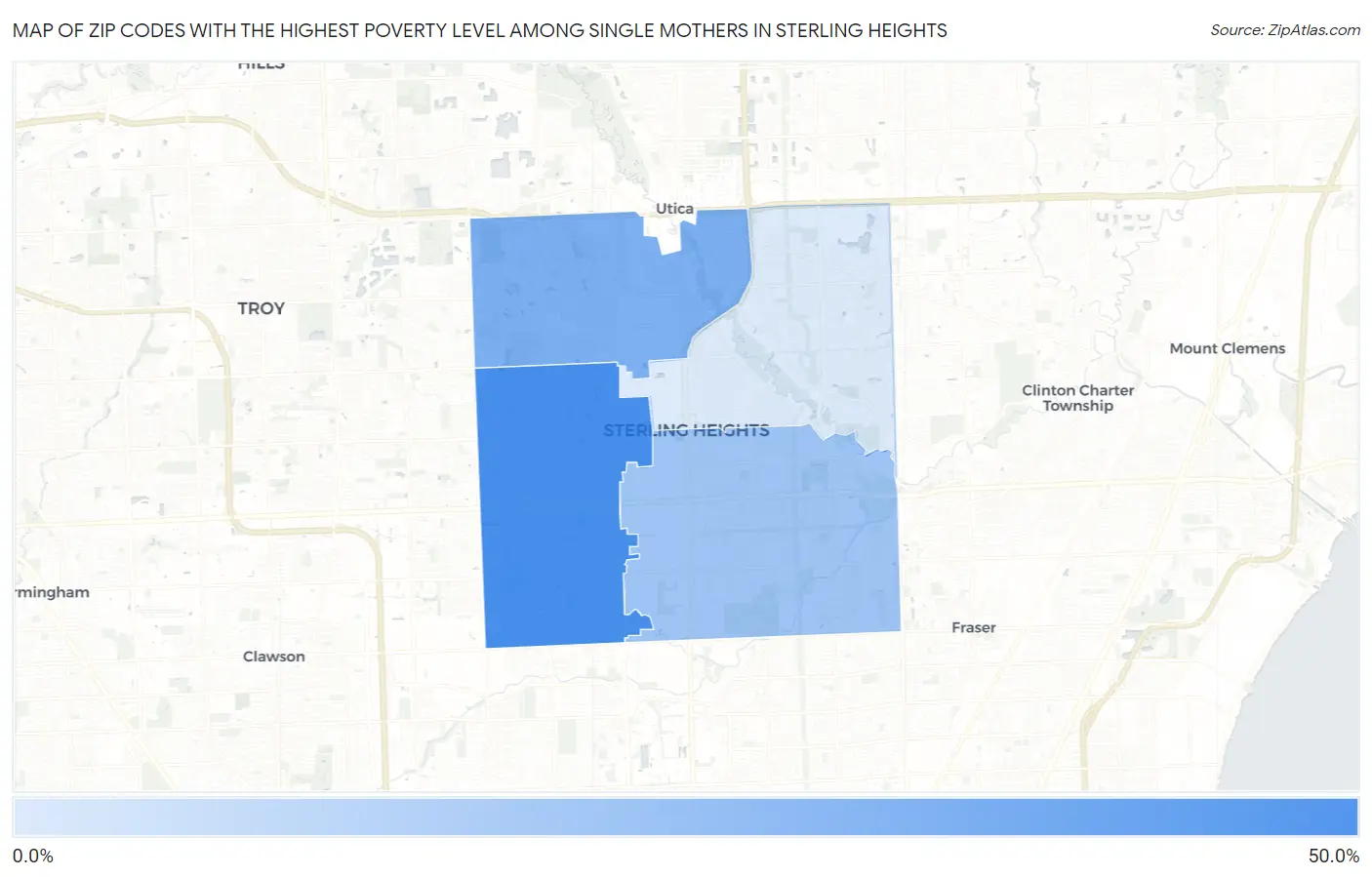 Zip Codes with the Highest Poverty Level Among Single Mothers in Sterling Heights Map