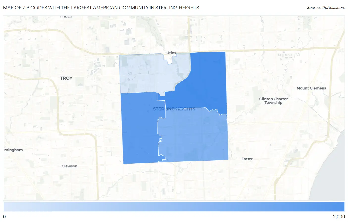 Zip Codes with the Largest American Community in Sterling Heights Map