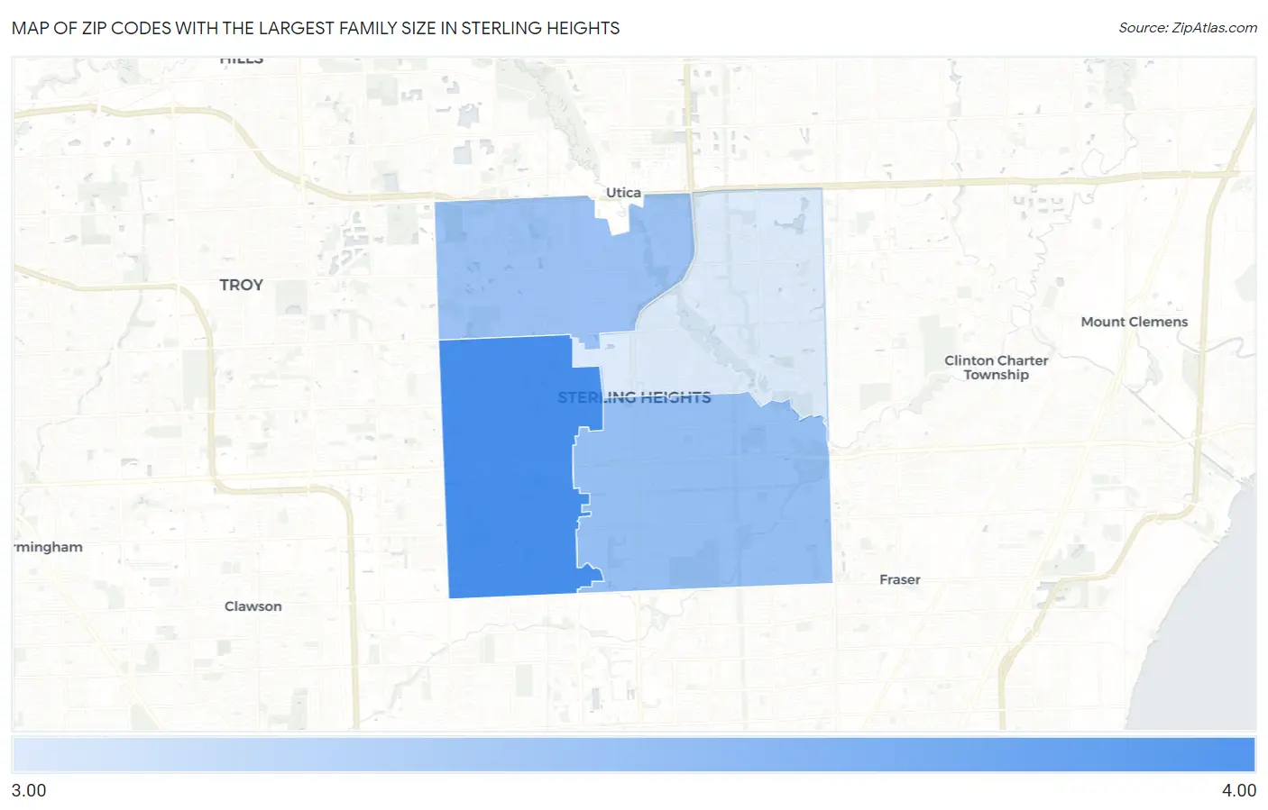 Zip Codes with the Largest Family Size in Sterling Heights Map