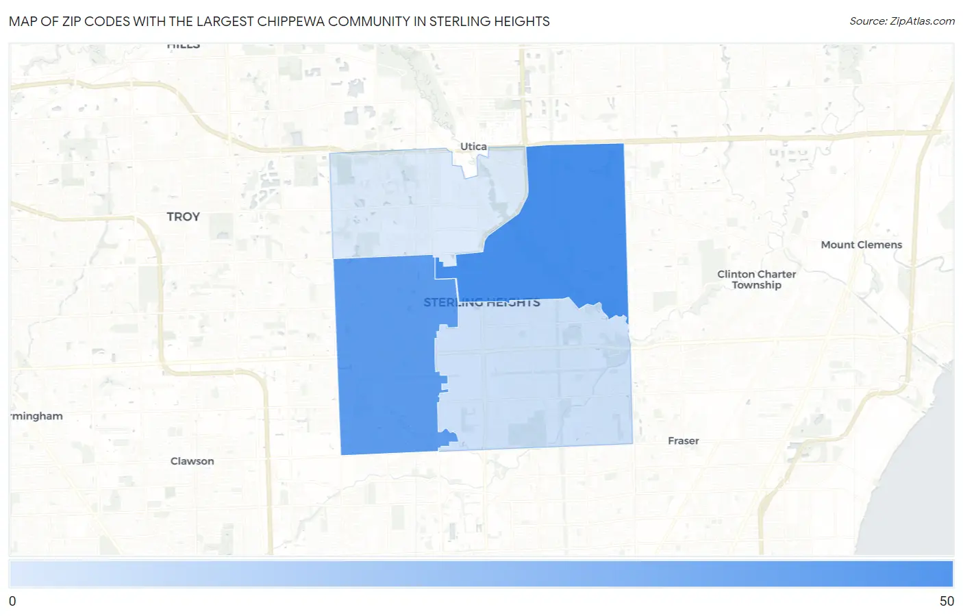 Zip Codes with the Largest Chippewa Community in Sterling Heights Map
