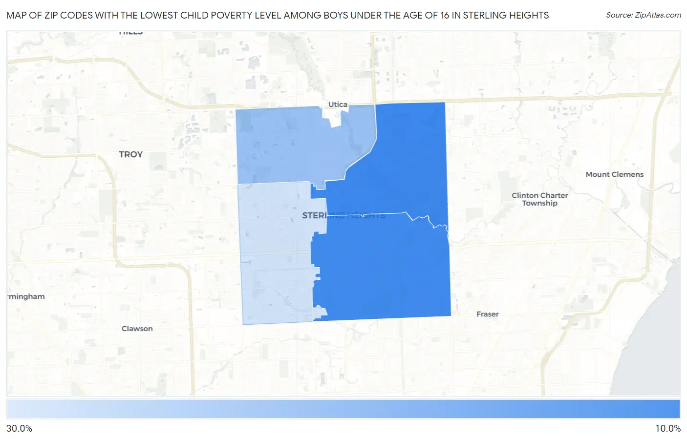 Zip Codes with the Lowest Child Poverty Level Among Boys Under the Age of 16 in Sterling Heights Map
