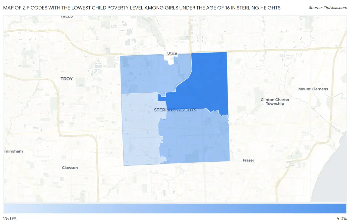 Zip Codes with the Lowest Child Poverty Level Among Girls Under the Age of 16 in Sterling Heights Map
