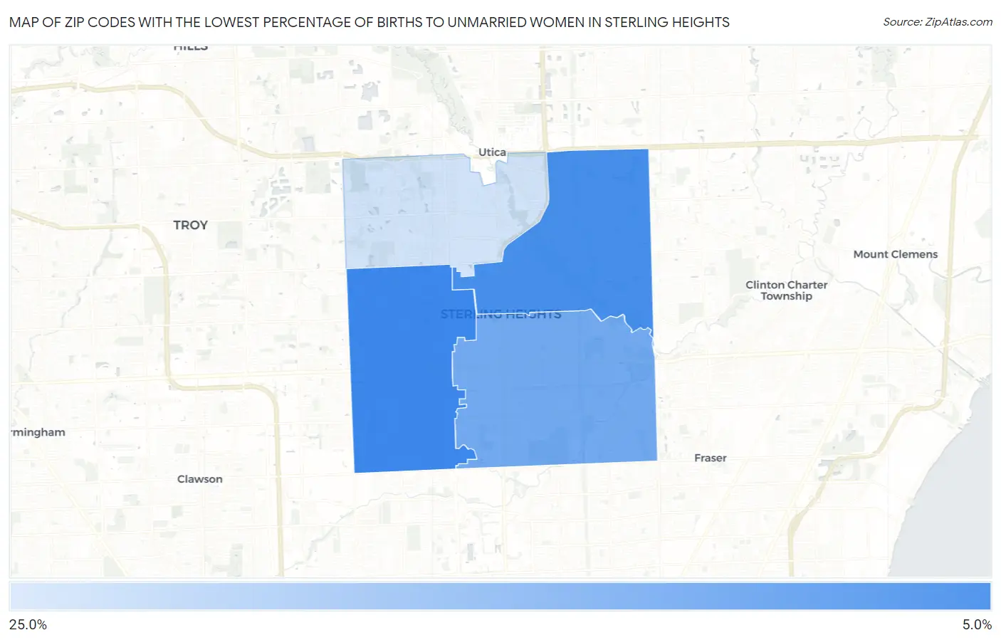 Zip Codes with the Lowest Percentage of Births to Unmarried Women in Sterling Heights Map