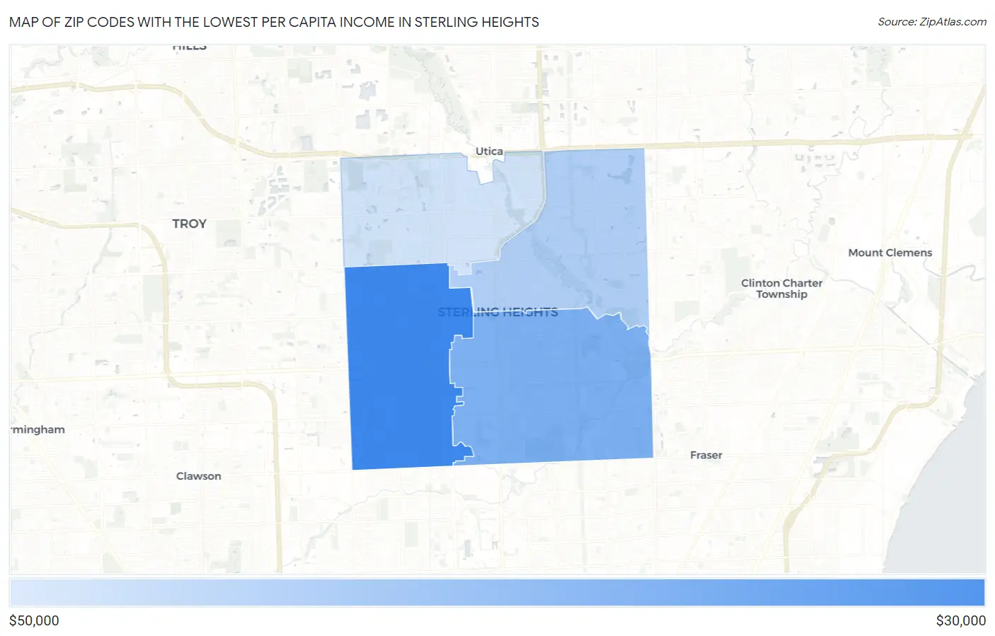 Zip Codes with the Lowest Per Capita Income in Sterling Heights Map