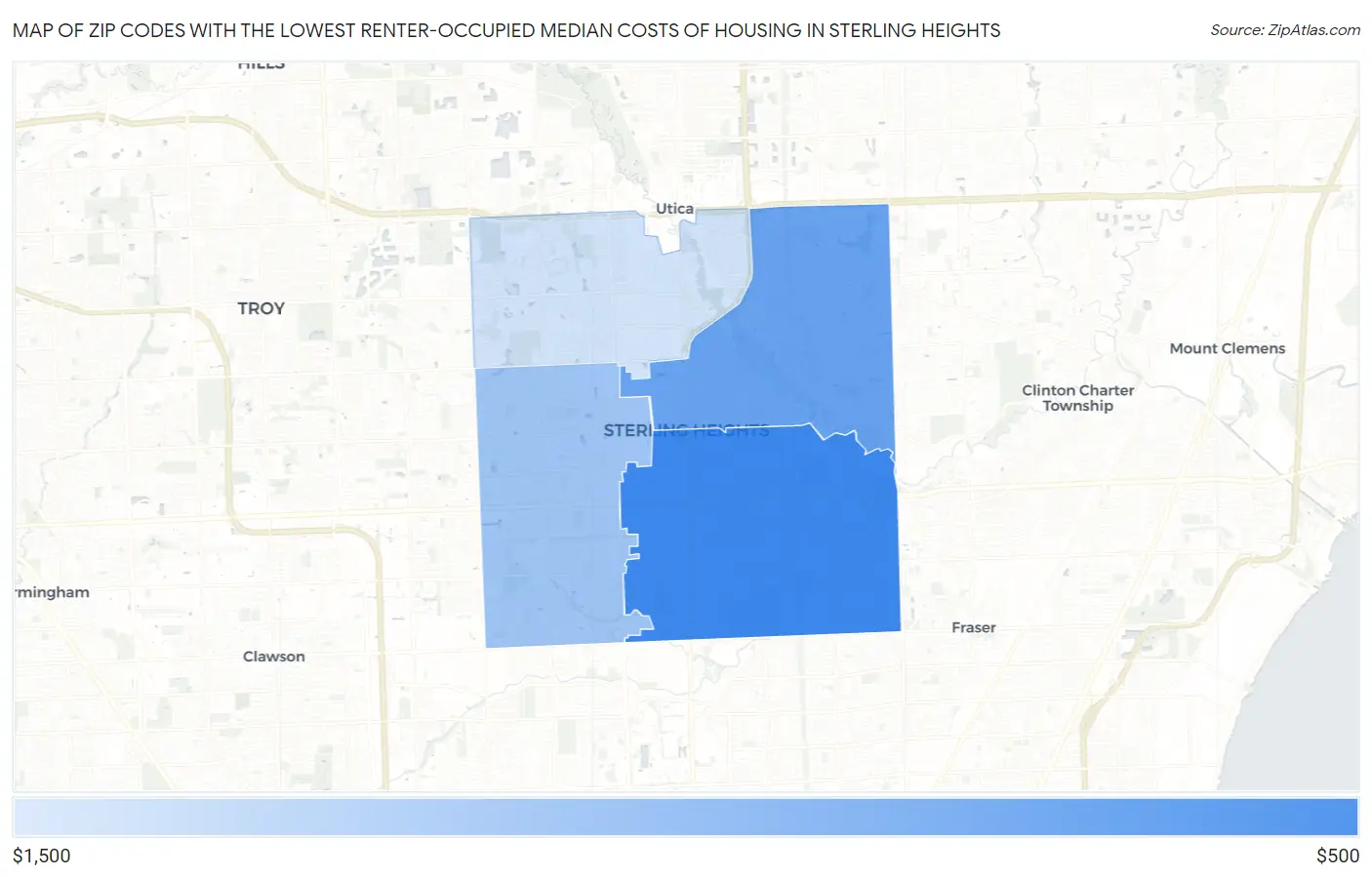 Zip Codes with the Lowest Renter-Occupied Median Costs of Housing in Sterling Heights Map