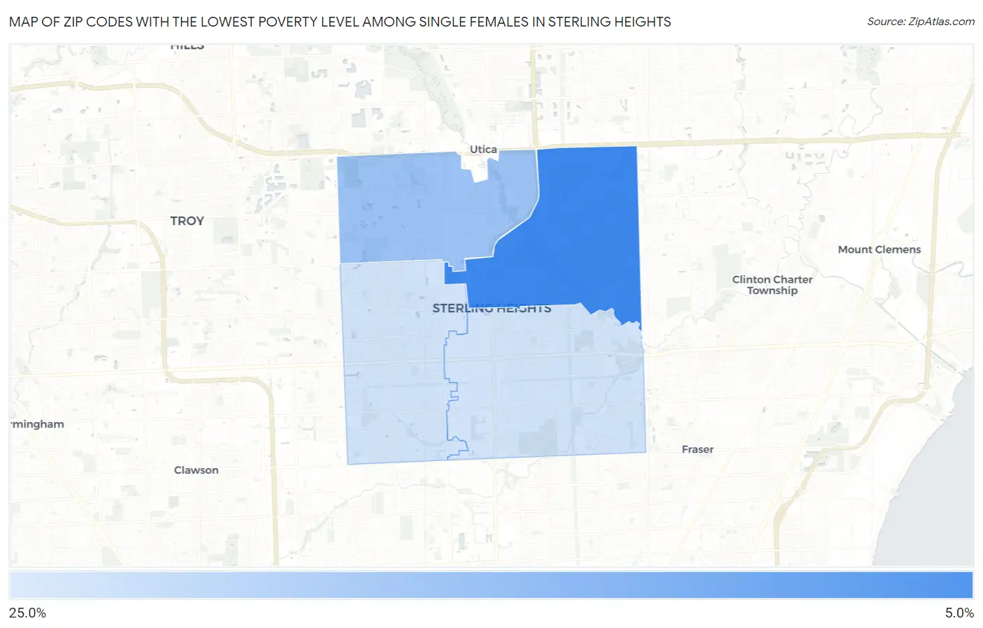 Zip Codes with the Lowest Poverty Level Among Single Females in Sterling Heights Map