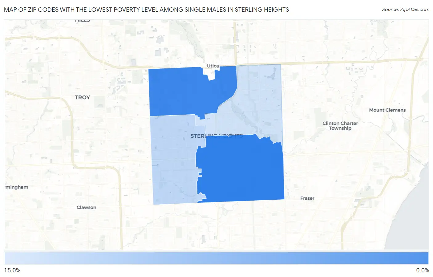 Zip Codes with the Lowest Poverty Level Among Single Males in Sterling Heights Map