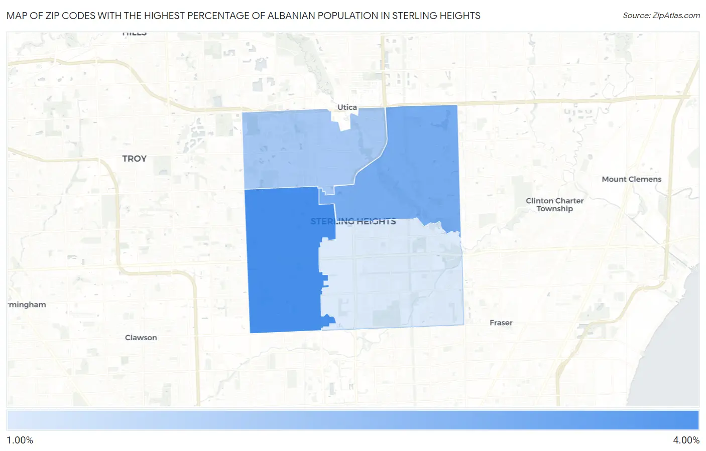 Zip Codes with the Highest Percentage of Albanian Population in Sterling Heights Map