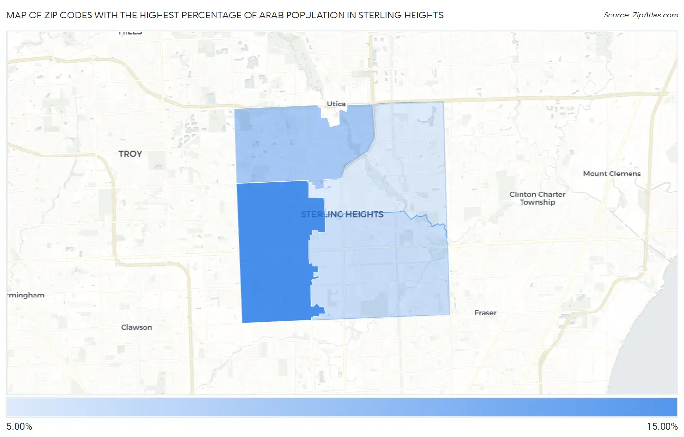 Zip Codes with the Highest Percentage of Arab Population in Sterling Heights Map
