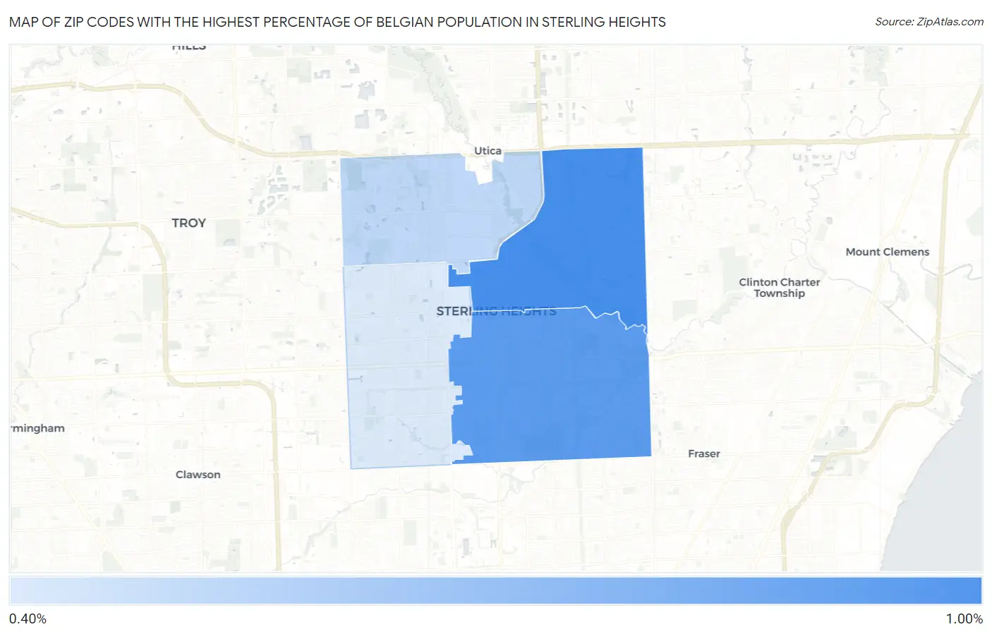 Zip Codes with the Highest Percentage of Belgian Population in Sterling Heights Map