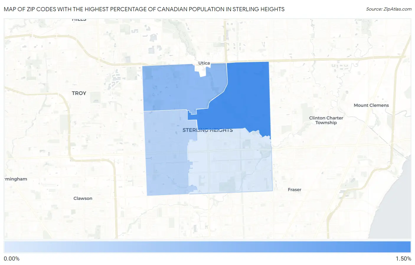 Zip Codes with the Highest Percentage of Canadian Population in Sterling Heights Map