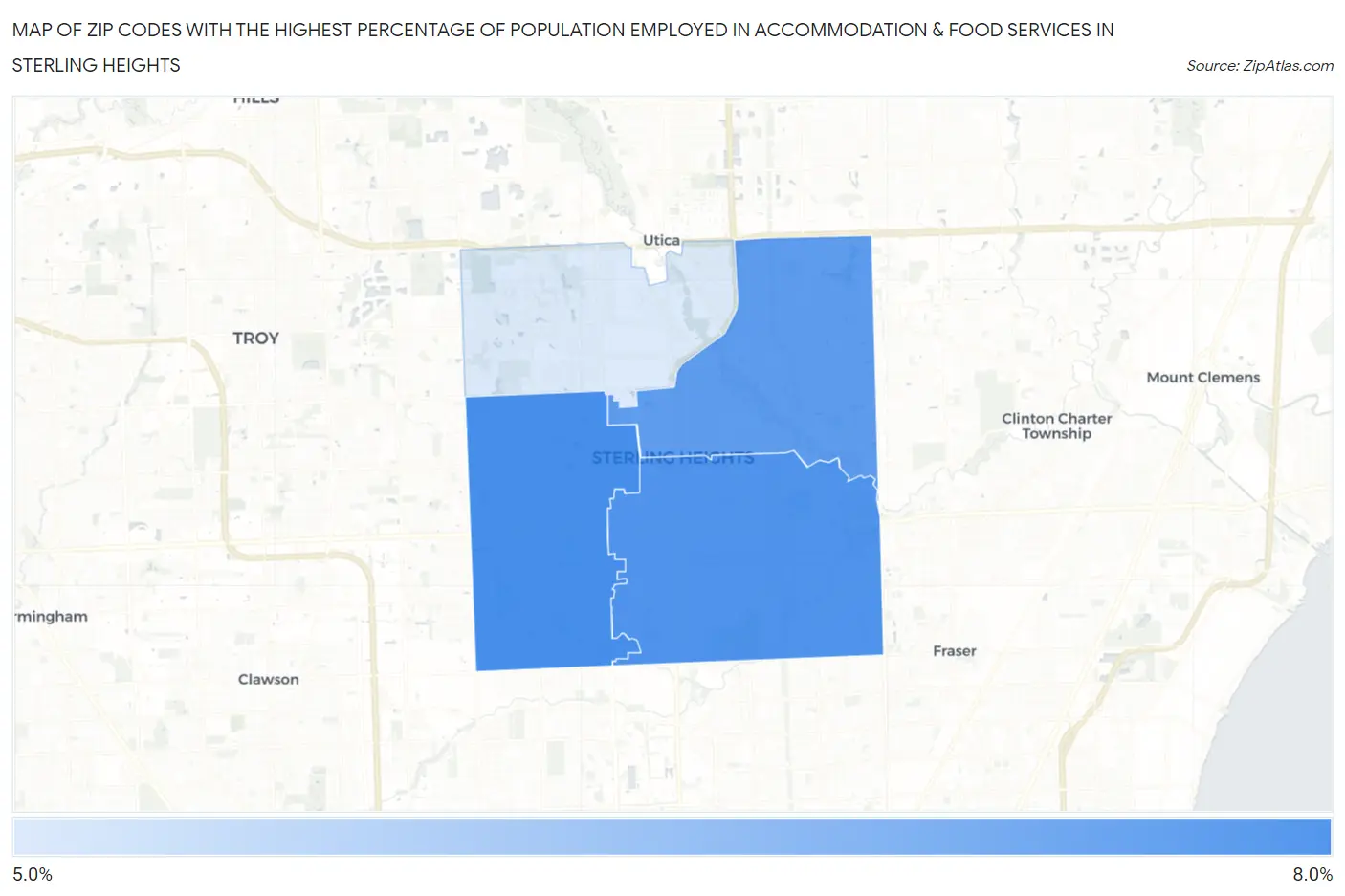 Zip Codes with the Highest Percentage of Population Employed in Accommodation & Food Services in Sterling Heights Map
