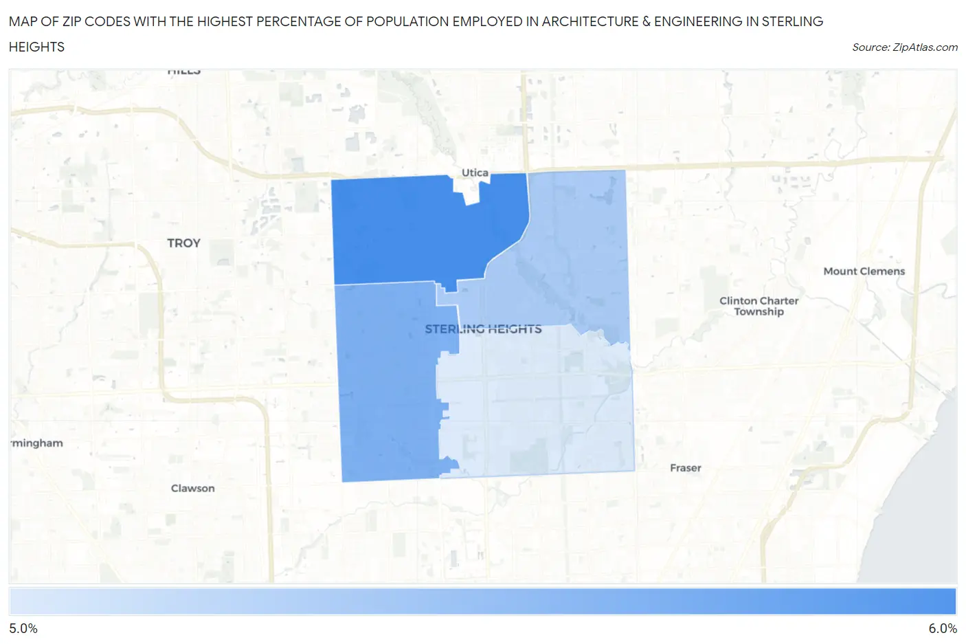 Zip Codes with the Highest Percentage of Population Employed in Architecture & Engineering in Sterling Heights Map