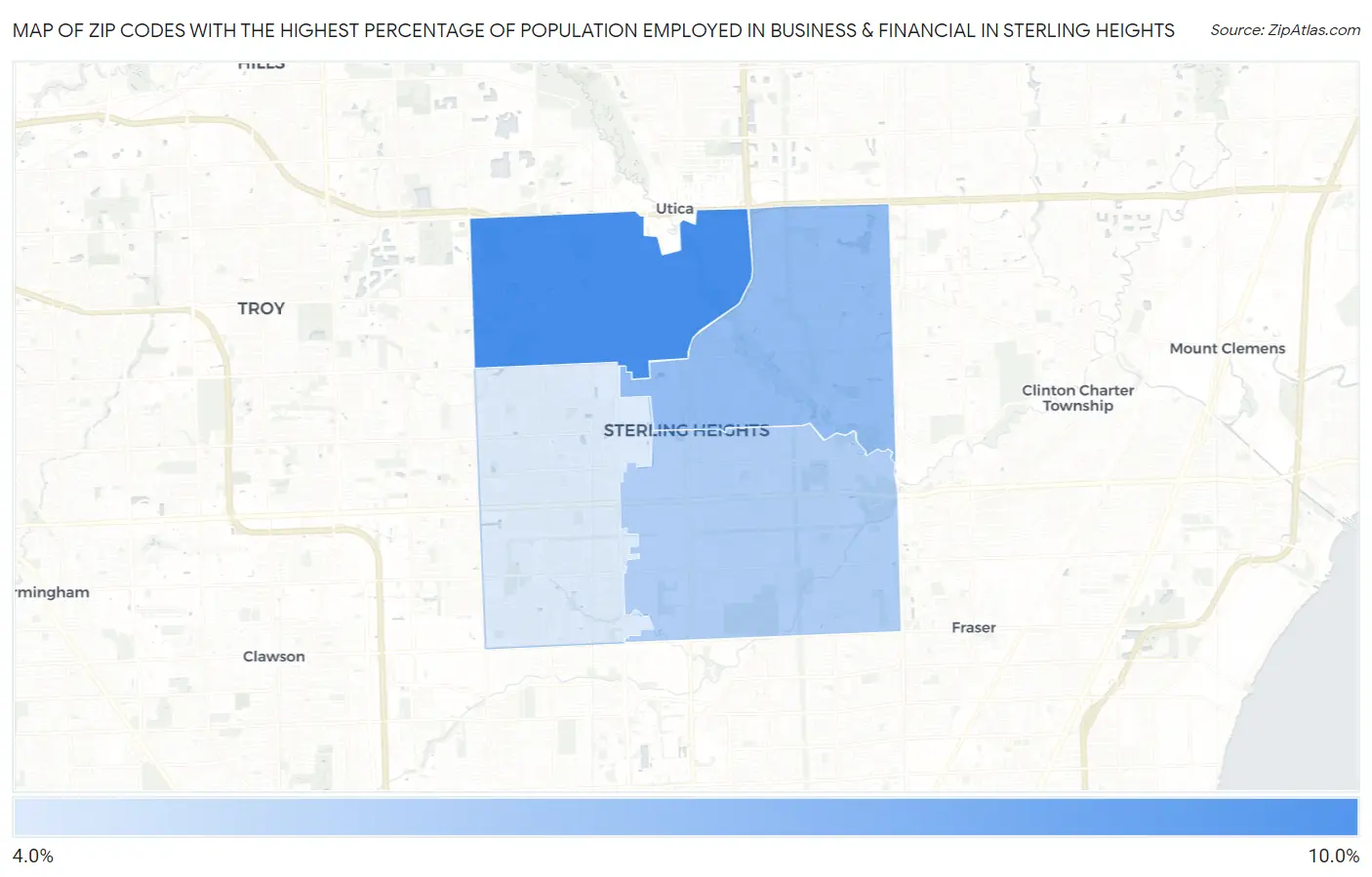 Zip Codes with the Highest Percentage of Population Employed in Business & Financial in Sterling Heights Map
