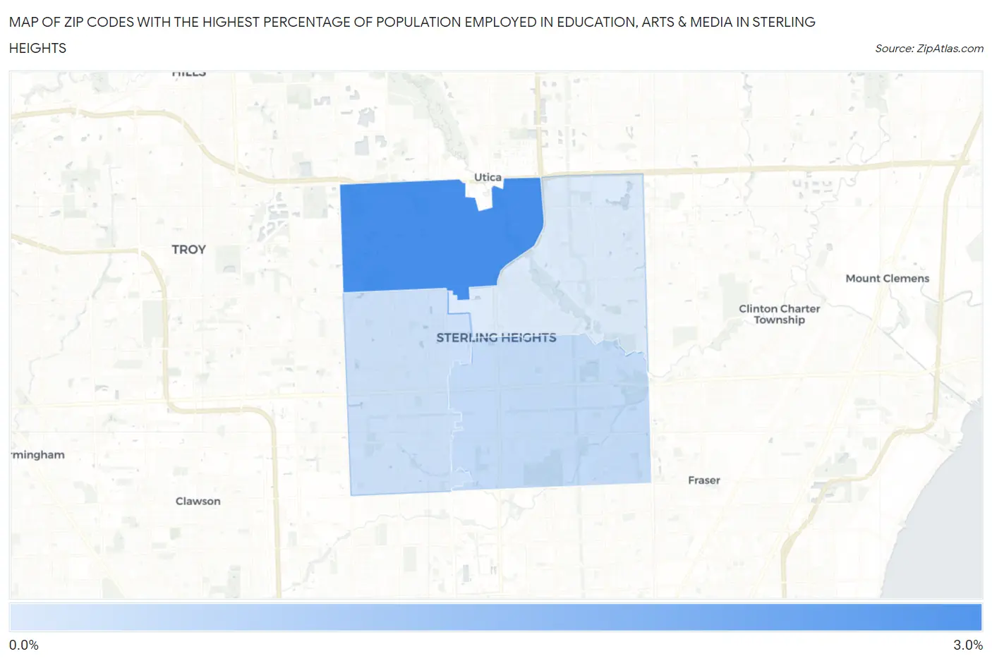 Zip Codes with the Highest Percentage of Population Employed in Education, Arts & Media in Sterling Heights Map