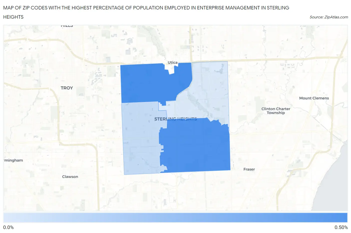 Zip Codes with the Highest Percentage of Population Employed in Enterprise Management in Sterling Heights Map