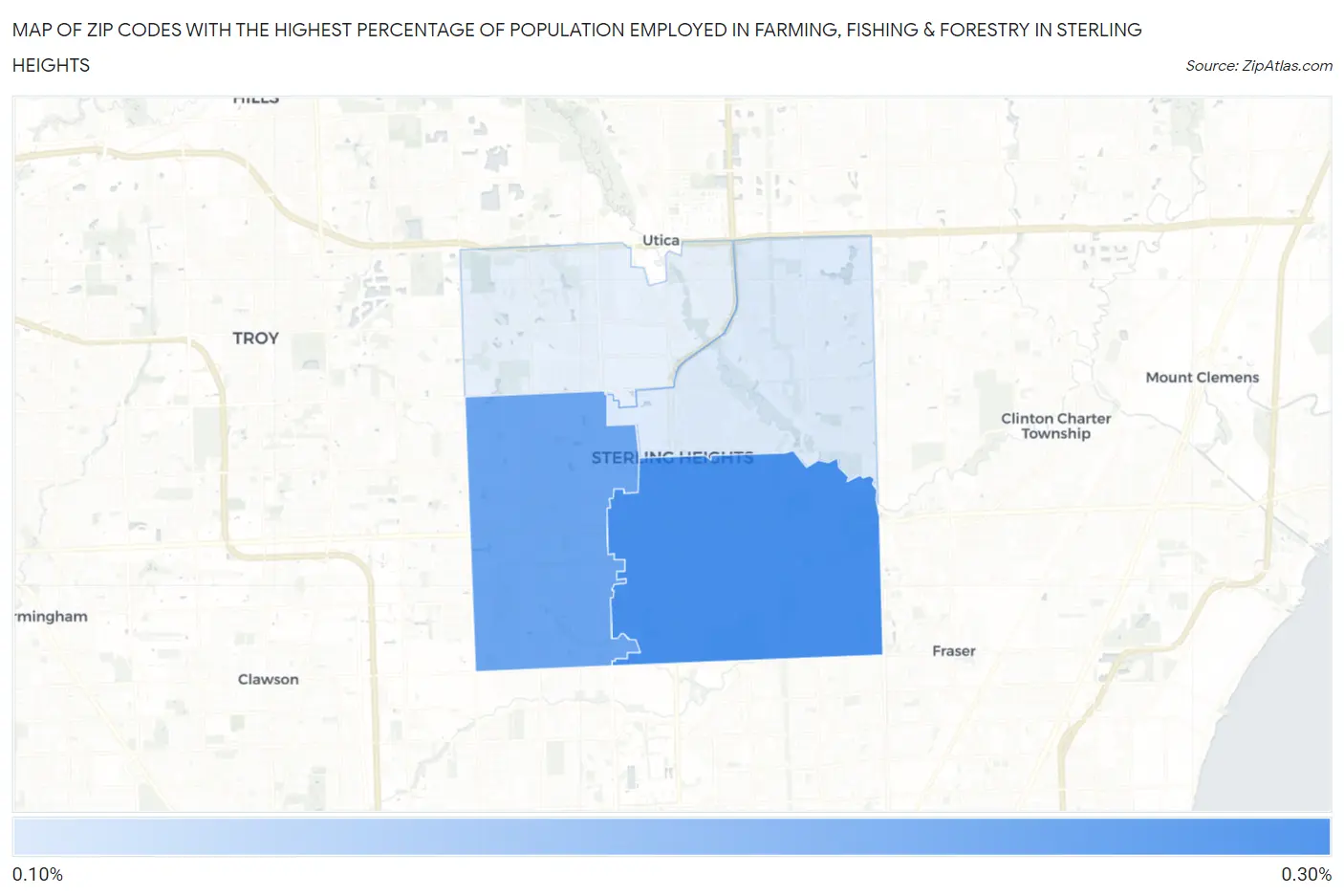 Zip Codes with the Highest Percentage of Population Employed in Farming, Fishing & Forestry in Sterling Heights Map