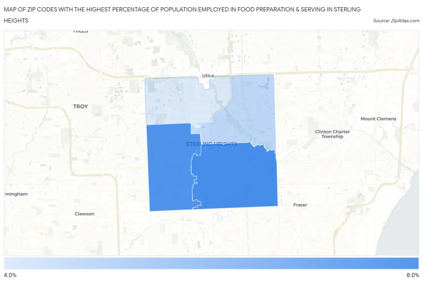 Zip Codes with the Highest Percentage of Population Employed in Food Preparation & Serving in Sterling Heights Map