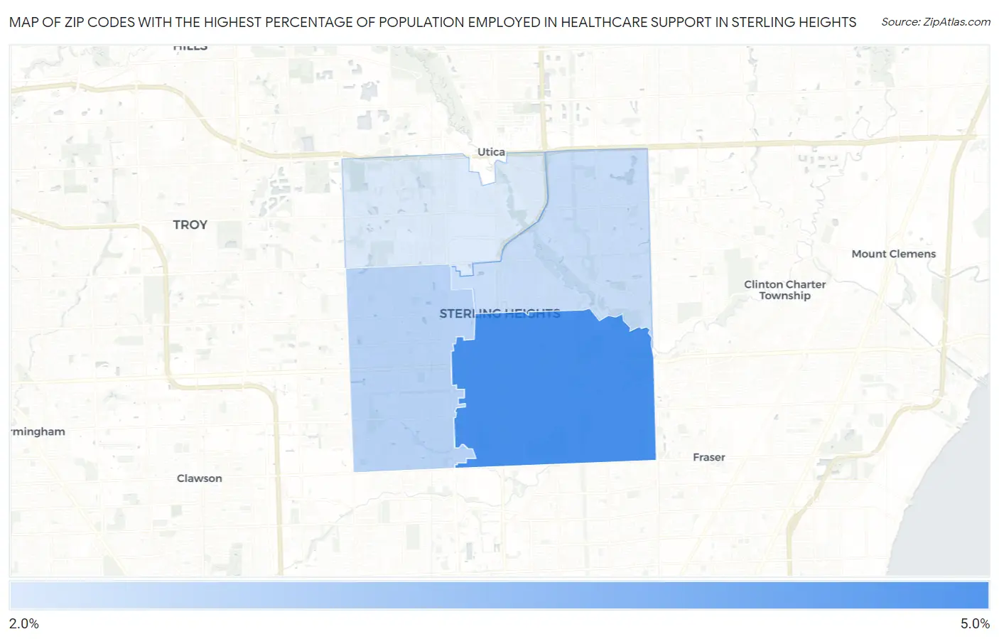Zip Codes with the Highest Percentage of Population Employed in Healthcare Support in Sterling Heights Map